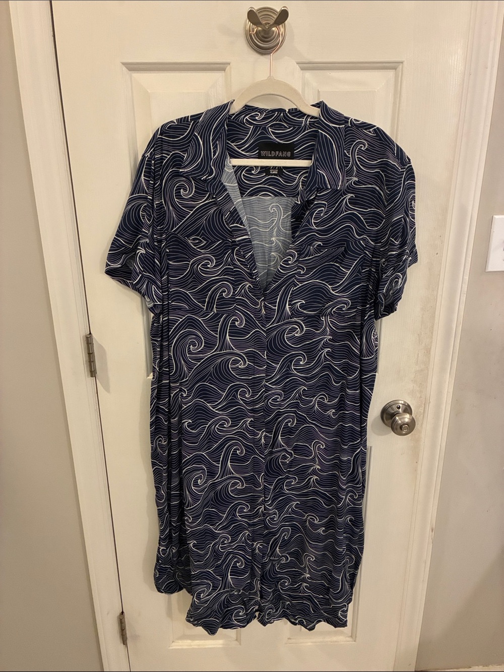 Wildfang Navy and White Wave-Print Midi Shirtdress